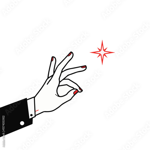 Stylized hand gesture with red nail polish and sparkling effect  