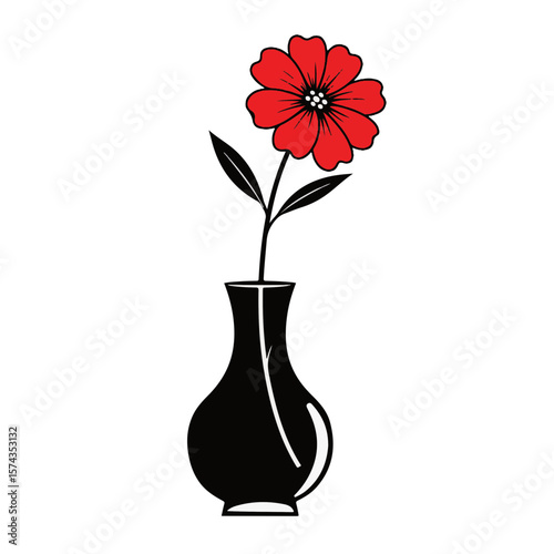 Red flower in black vase with leaves on white background  