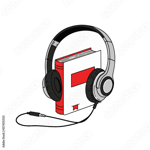 Red book with headphones illustrating audiobook concept  