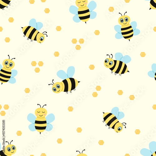 Seamless cartoon bees pattern. Funny bees background. Vector illustration, design for the nursery, wallpaper.