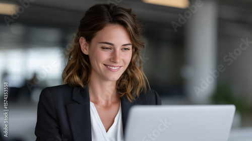 Smiling professional woman engaged in a virtual meeting at a sleek office.