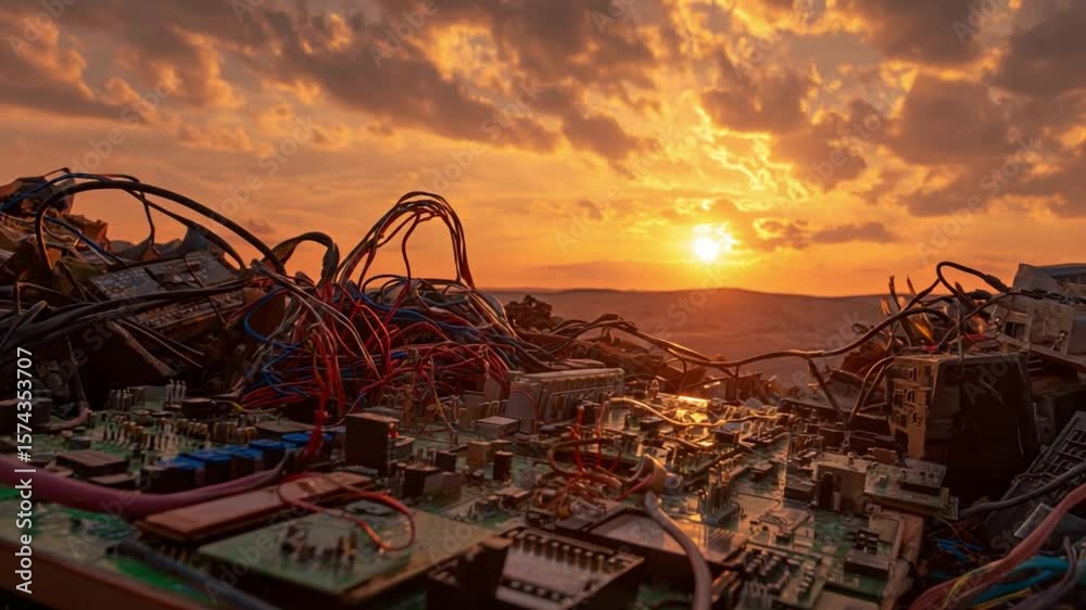 Sunset Over Circuit Boards: A breathtaking sunset casts a warm orange glow over a chaotic landscape of discarded circuit boards and wires, creating a striking juxtaposition of nature and technology.