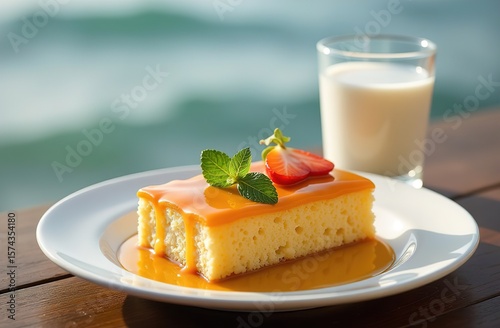 Glass of milk and piece of sweet pie on wooden tabletop against sea background at sunrise.
