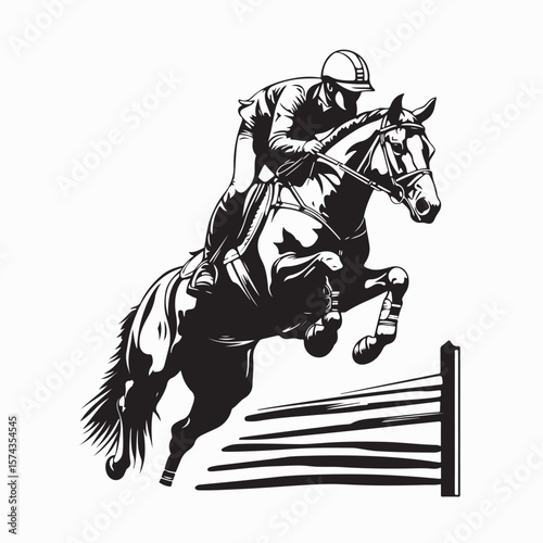 Horse Rider Athlete Performing Jump Over Fence and Hurdles During Equestrian Practice Vector