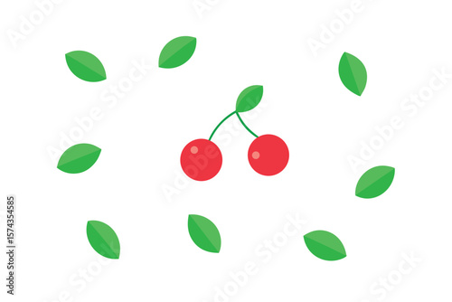 Cherries And Mint Leaves In A Scattered Layout On White