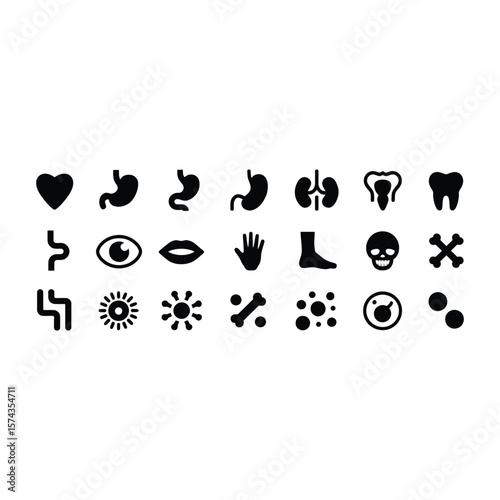 Black silhouette icons representing human body internal organs and various other body parts photo
