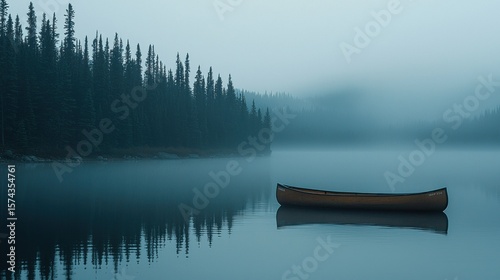 Misty lake scene with canoe
