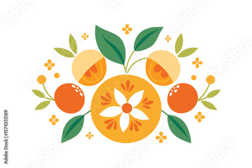 Bohemian Oranges With Leaves And Floral Elements In Pattern