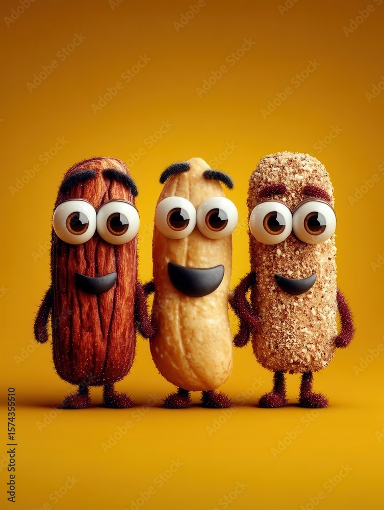 Fototapeta premium Smiling nut characters bring joy with vibrant expressions on a sunny yellow backdrop