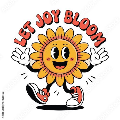 Cheerful cartoon sunflower mascot with the positive phrase let joy bloom in retro style