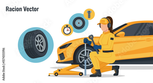 A female mechanic in yellow overalls changing a tire on a yellow sports car with tools.