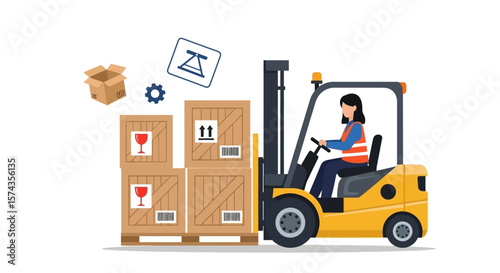 A woman operates a forklift, moving wooden crates on a pallet, with various cargo handling symbols.