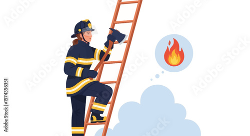 Firefighter climbing a ladder, approaching a fire represented in a thought bubble with smoke.