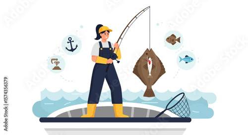 Woman fishing from a boat, having caught a flounder. Anchor and other fish are in the background.