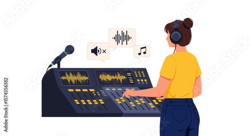 A young woman, wearing headphones, operates a sound mixing console in a recording studio.