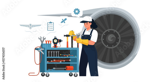 Female mechanic works on an airplane engine with tools from a cart, wearing a cap and gloves.