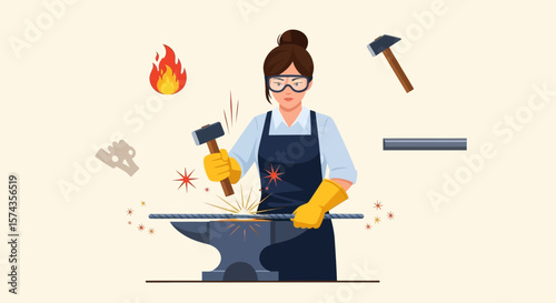 A woman blacksmith wearing safety goggles strikes hot metal on an anvil with a hammer, creating sparks.