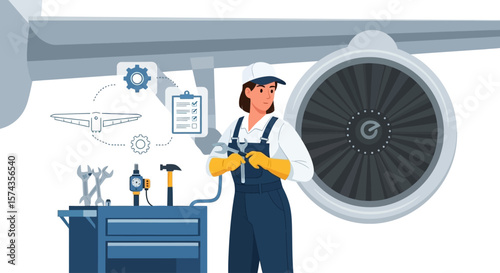 A female mechanic in overalls repairs an airplane engine, using tools from a cart nearby.