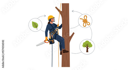 A tree climber in safety gear, demonstrating tree care techniques, including knot tying and chainsaw use.