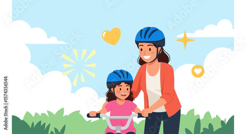 A mother and daughter enjoying a bicycle ride together, wearing safety helmets.