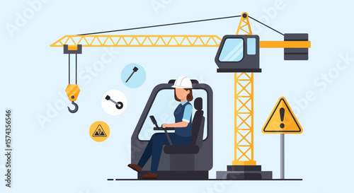 Female construction worker operating a crane, safety focused illustration.