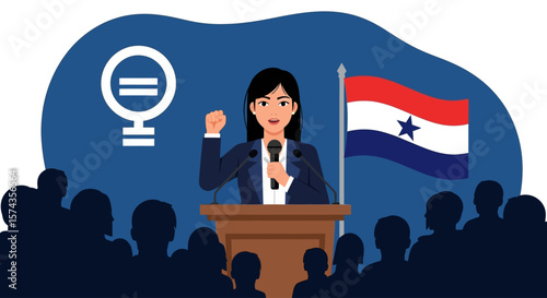 A woman giving a speech at a podium, surrounded by an audience, with a feminist symbol and a national flag visible.