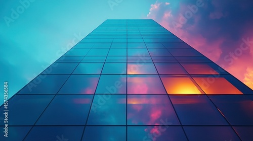 Modern skyscraper at sunset, vibrant colors reflected in glass