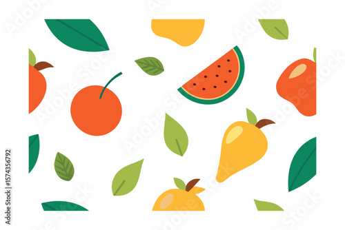 Abstract Flat Fruits And Leaves Seamless Pattern On Transparent Background