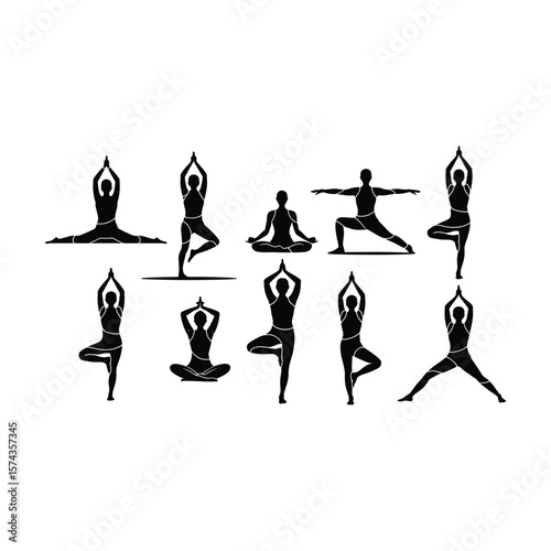 Collection of yoga poses silhouettes demonstrating flexibility and wellness on white background