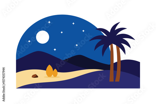 A Desert Oasis Under The Moonlight With Palm Trees