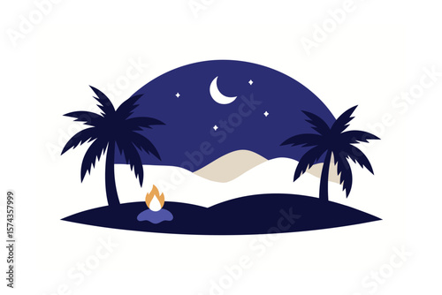A Desert Oasis Under The Moonlight With Palm Trees