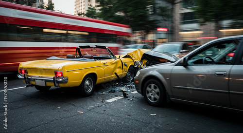 Car crash between classic yellow convertible and modern sedan in urban traffic with streetcar motion blur background showing vehicle collision damage