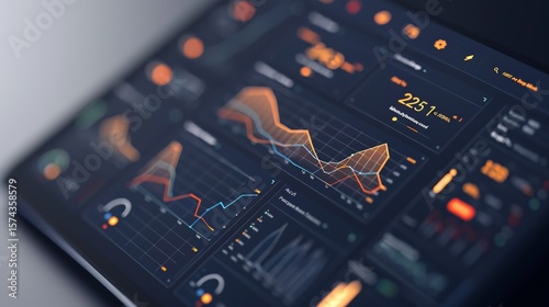 financial analytics dashboard with dark theme, data charts and graphs on futuristic interface