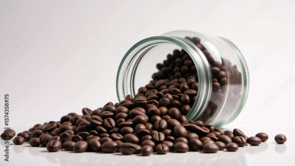 Fototapeta premium Coffee Beans Spilling from Jar on White Background