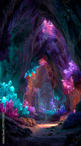 the inside of a cave that has an overall cyan glow to be coming from small glowing cyan mushrooms, They grow in groups of along the floor and from the walls. Emeralds, rubies, sapphires, and diamonds 