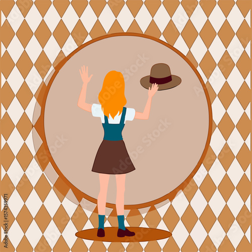 From the series "oktoberfest", girl with a hat in her hand meets or sees someone off,  on the background of traditional bavarian pattern with brown daimonds