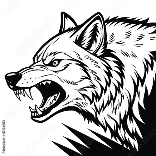 Wolf head snarling black and white detailed illustration