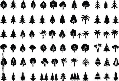 Collection of diverse black silhouette tree icons including deciduous and coniferous varieties on a white background