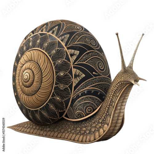 a snail in profile, its spiral shell and body richly decorated 