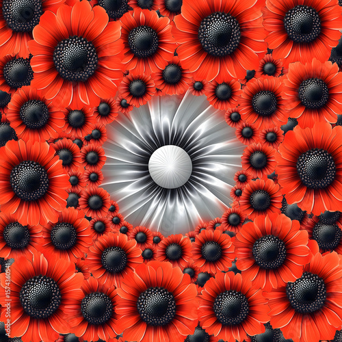 Wallpaper Mural Vibrant sunflowers in striking red and black create a mesmerizing pattern around a luminous center. Torontodigital.ca