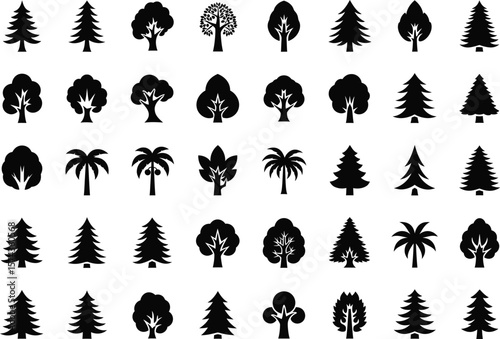 Collection of diverse black silhouette tree icons including deciduous and coniferous evergreen varieties
