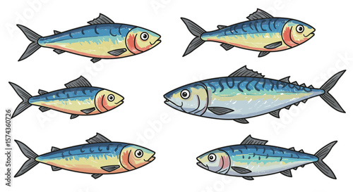 Collection of playful decorative fish with crayon texture and colorful funky sardines stickers png

