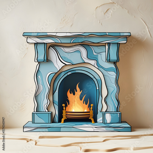 fireplace with marble, Artistic fireplace design with blue marble pattern and flame on a light background