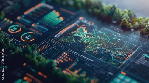 sustainability dashboard, green tech UI, carbon footprint data, futuristic design