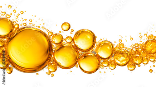 Shiny golden oil bubbles, isolated on a pure white background.
