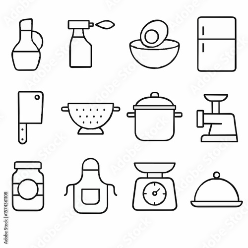 Vector illustration of 12 uncommon minimalist kitchen line art icons in a 3×4 grid for modern cooking, chef websites, recipe apps, culinary branding, and kitchenware design