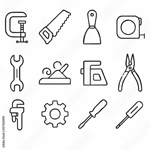High-resolution vector set of 12 rare minimalist hardware tools line art icons in a 3×4 grid, ideal for construction, DIY projects, repair services, and tool shop branding