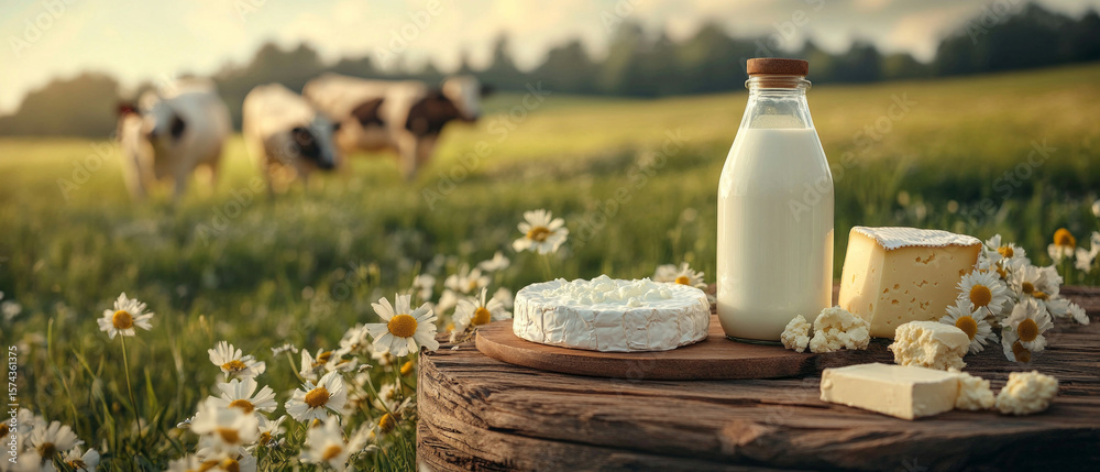 Fototapeta premium Bottle of milk, cheese and flowers on wooden board on background of grazing cows. Useful for advertising dairy products and farm goods.