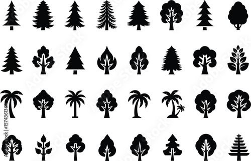 Collection of diverse black silhouette tree icons including pine trees palm trees and deciduous trees