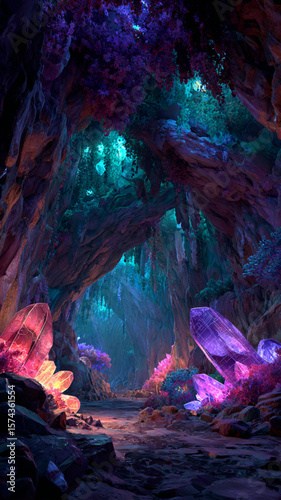 the inside of a cave that has an overall cyan glow to be coming from small glowing cyan mushrooms, They grow in groups of along the floor and from the walls. Emeralds, rubies, sapphires, and diamonds 